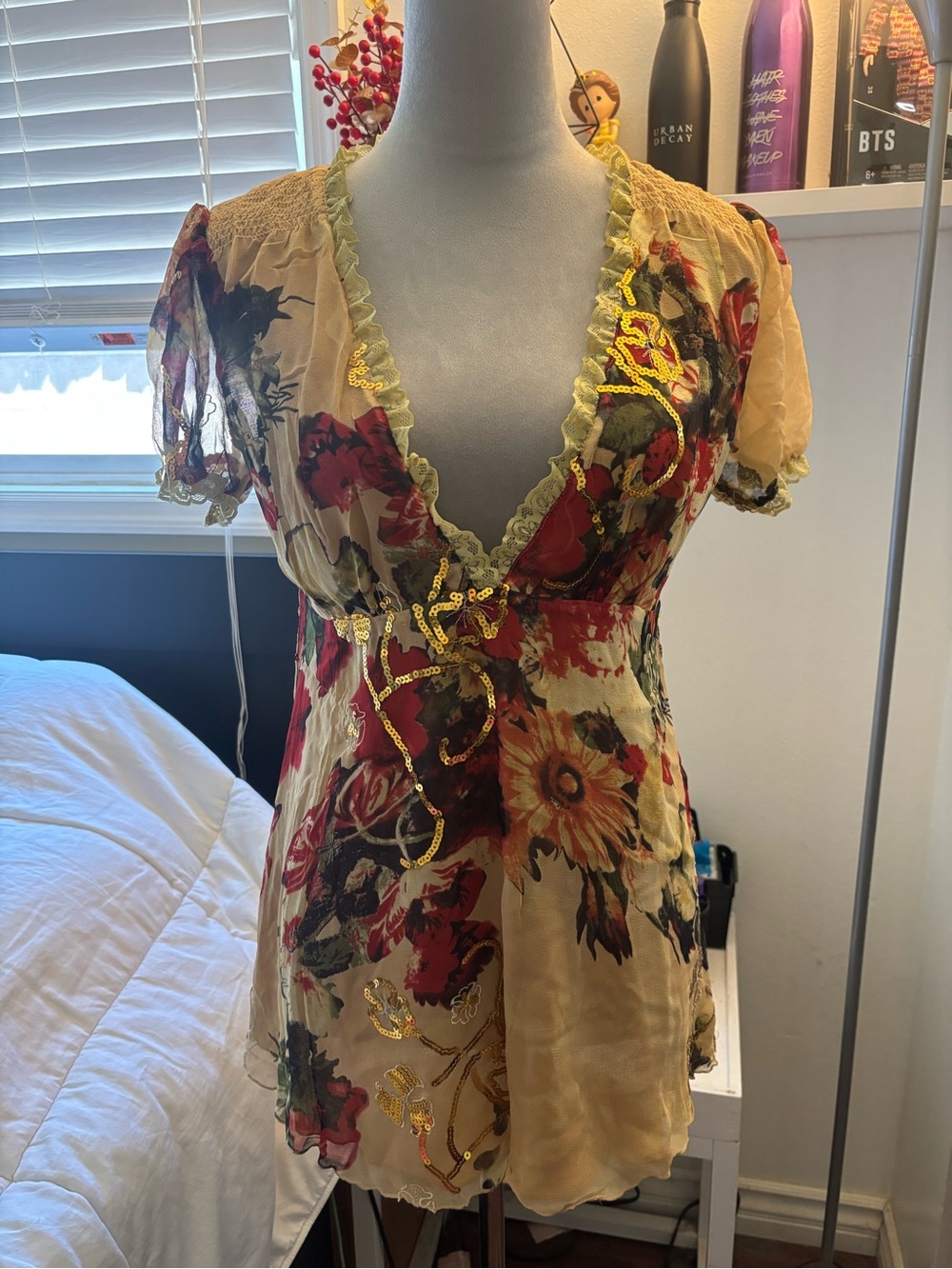 Floral Embroidered Yellow V-Neck Babydoll Top